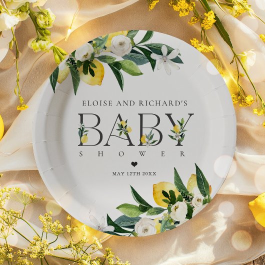 Lemon Citrus Mediterranean Botanical Baby shower Papieren Bordje