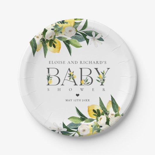 Lemon Citrus Mediterranean Botanical Baby shower Papieren Bordje (Voorkant)