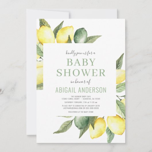 Lemon Citrus Modern Waterverf Baby shower   Kaart (Voorkant)