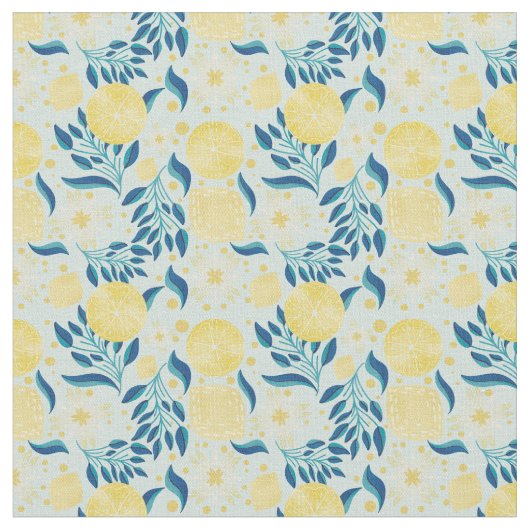 Lemon Citrus Pastel Blue Floral Stof (Close Up)