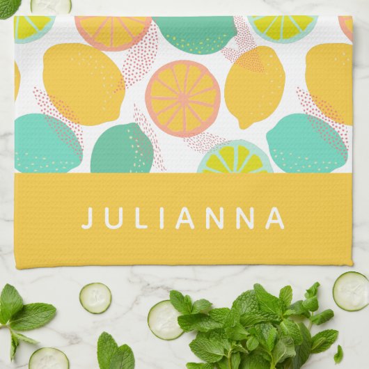 Lemon Citrus Pattern in Blauwgroen Geel Gepersonal Theedoek (Gevouwen)