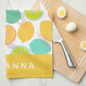 Lemon Citrus Pattern in Blauwgroen Geel Gepersonal Theedoek (Quarter Fold)