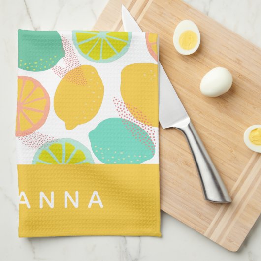 Lemon Citrus Pattern in Blauwgroen Geel Gepersonal Theedoek (Quarter Fold)