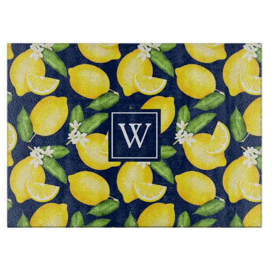 Lemon Citrus Pattern Monogram Navy Blue Snijplank (Voorkant)