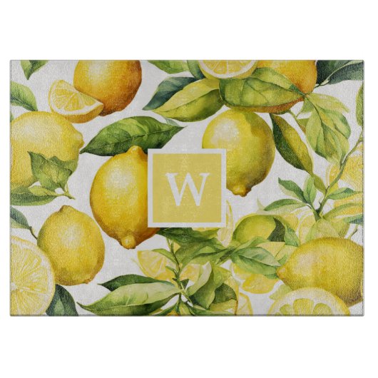 Lemon Citrus Pattern Monogram Snijplank (Voorkant)