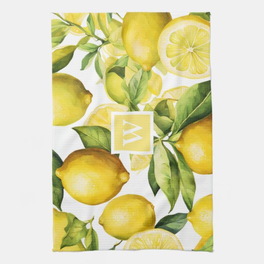 Lemon Citrus Pattern Monogram Theedoek (Verticaal)