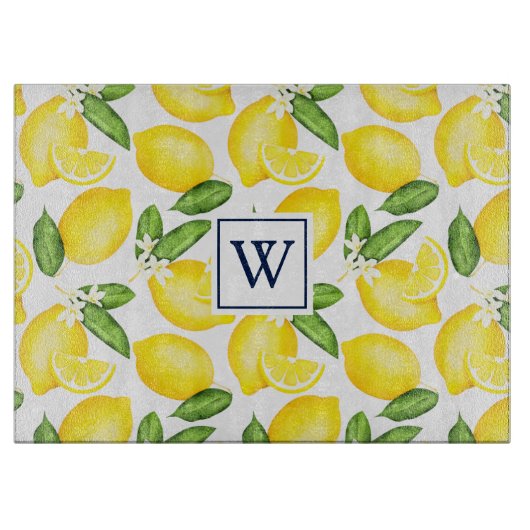 Lemon Citrus Pattern Monogram White Placemat Snijplank (Voorkant)