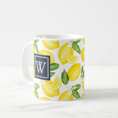 Lemon Citrus Pattern Navy Monogram Koffiemok (Voorkant links)