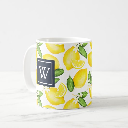Lemon Citrus Pattern Navy Monogram Koffiemok (Voorkant links)