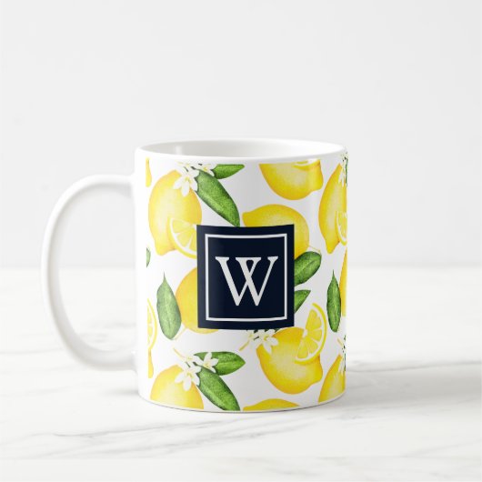 Lemon Citrus Pattern Navy Monogram Koffiemok (Links)