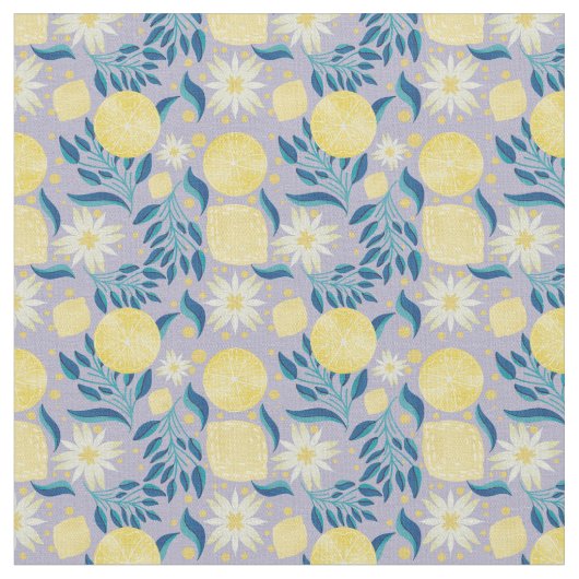 Lemon Citrus Periwinkle Floral Stof (Close Up)