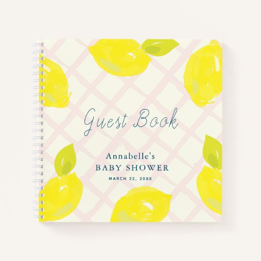 Lemon Citrus Pink Check Baby shower Gastboek Notitieboek (Voorkant)