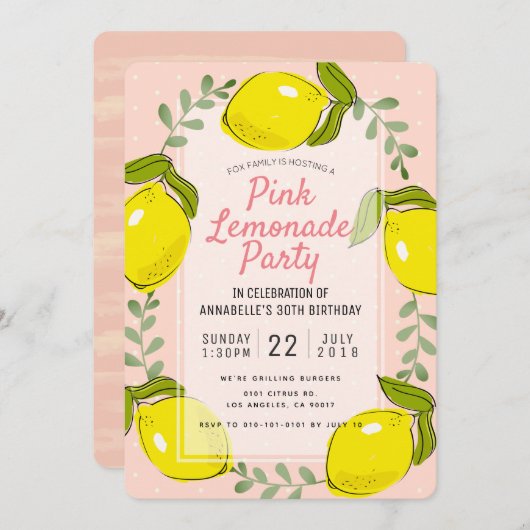 Lemon Citrus Roze Limonade Party Uitnodiging (Voorkant / Achterkant)