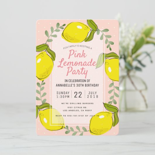 Lemon Citrus Roze Limonade Party Uitnodiging (Staand voorkant)