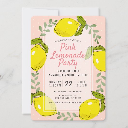 Lemon Citrus Roze Limonade Party Uitnodiging (Voorkant)