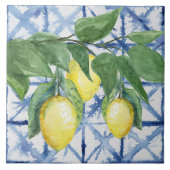 Lemon Citrus Waterverf Foliage Blue White Pattern Tegeltje (Voorkant)