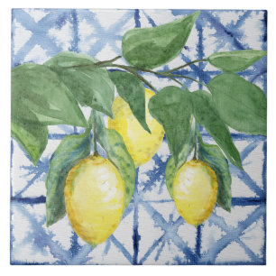 Lemon Citrus Waterverf Foliage Blue White Pattern Tegeltje