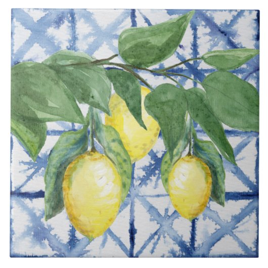 Lemon Citrus Waterverf Foliage Blue White Pattern Tegeltje (Voorkant)