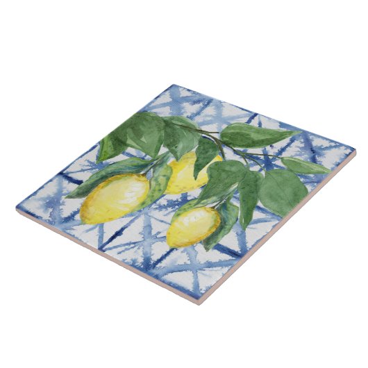 Lemon Citrus Waterverf Foliage Blue White Pattern Tegeltje (Zijkant)