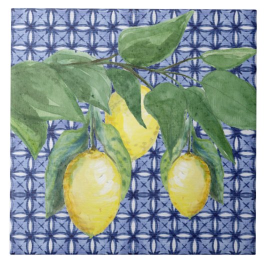 Lemon Citrus Waterverf Foliage Pattern Blue Tegeltje (Voorkant)