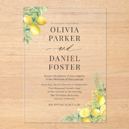 Lemon Citrus Wedding Acryl Uitnodigingen (Voorkant)