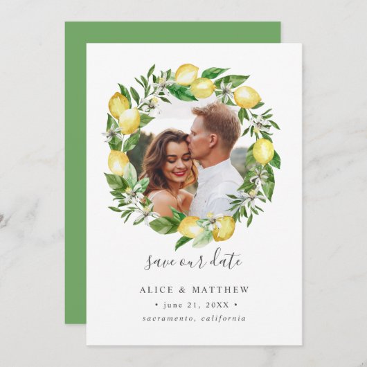 Lemon Citrus Wreath Fotobruiloft met de datum Save The Date (Voorkant / Achterkant)