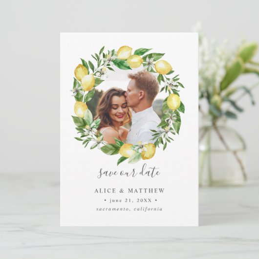 Lemon Citrus Wreath Fotobruiloft met de datum Save The Date (Staand voorkant)
