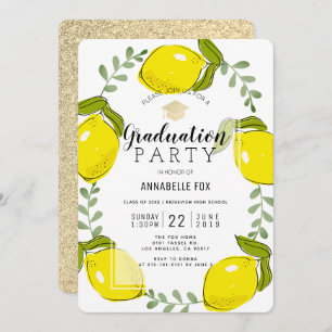 Lemon Citrus Wreath Gold Glitter Afstuderen Kaart