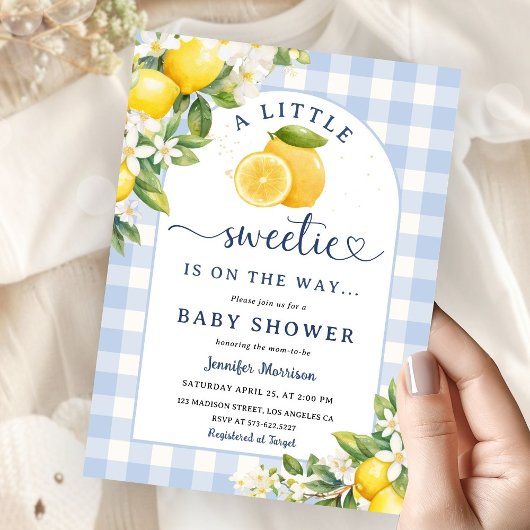 Lemon Citrus Yellow Baby Shower Boy Blue Gingham Kaart