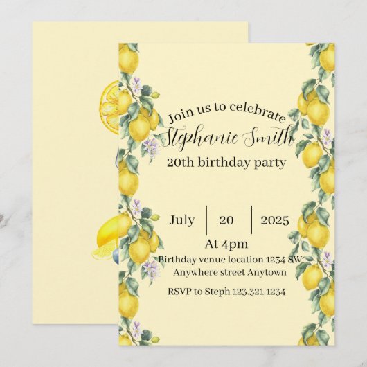 Lemon Cocktail Summer Birthday Invitation  Kaart (Voorkant / Achterkant)