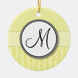 Lemon Cream Damask met Stripes en Monogram Keramisch Ornament