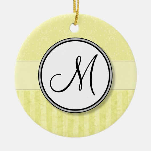Lemon Cream Damask met Stripes en Monogram Keramisch Ornament (Voorkant)