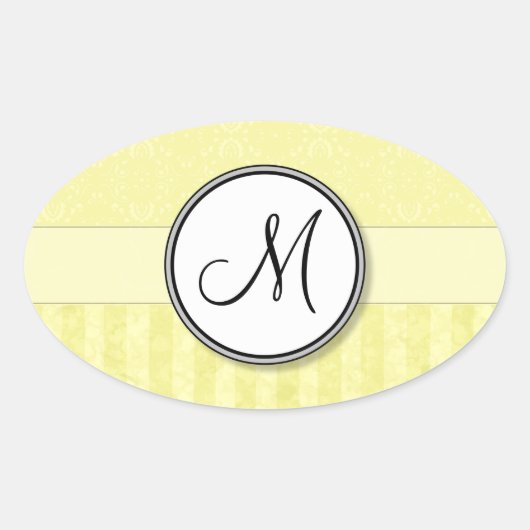 Lemon Cream Damask met Stripes en Monogram Ovale Sticker (Voorkant)