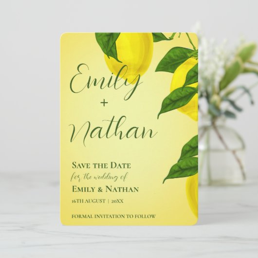 Lemon Cute Bright Yellow Beauful Citrus Wedding Save The Date (Staand voorkant)