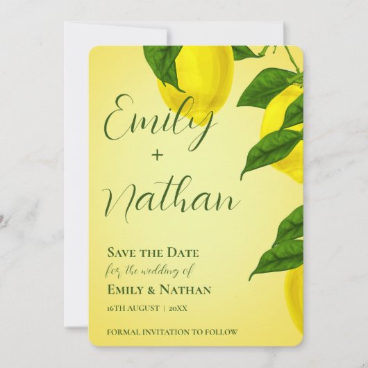 Lemon Cute Bright Yellow Beauful Citrus Wedding Save The Date (Voorkant)