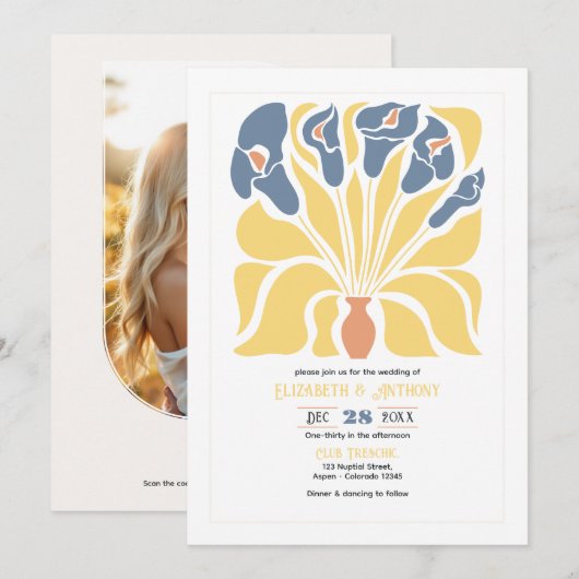 Lemon & Denim Abstract Floral Boho Wedding Kaart (Voorkant / Achterkant)
