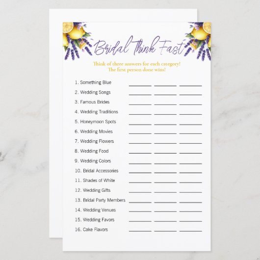 Lemon "Denk snel" Vrijgezellenfeest spel (Voorkant / Achterkant)