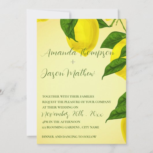 Lemon , donkergele citrusbruiloft kaart (Voorkant)
