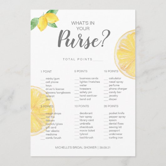 Lemon Double-Sided Bridal Bingo Shower Game Menu (Achterkant)