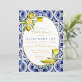 Lemon en blauwe Spaanse tegel uitnodiging (Staand voorkant)