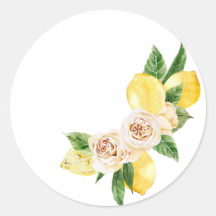 Lemon en bloemen, in waterverf ronde sticker