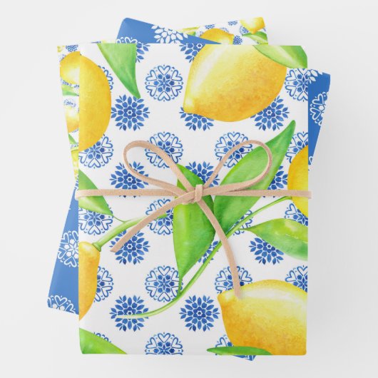 Lemon en Blue Azulejos Pattern Inpakpapier Vel (In situ)