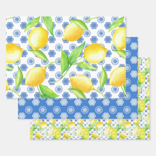 Lemon en Blue Azulejos Pattern Inpakpapier Vel (Set)