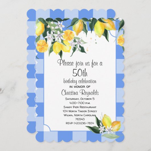 Lemon en Blue Gingham 50ste verjaardag Kaart (Voorkant / Achterkant)