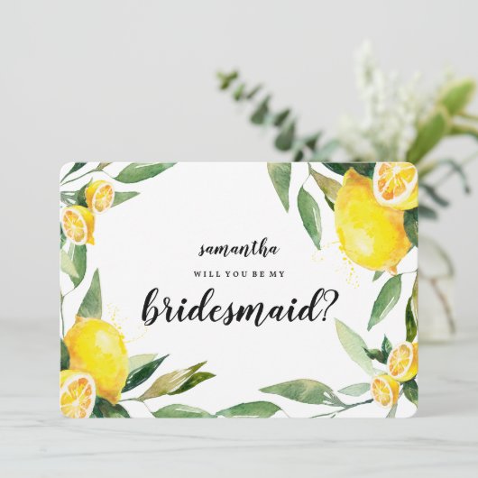 Lemon en Leaves, jij wordt mijn bruidsmeisje Kaart (Staand voorkant)