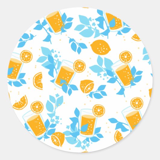 Lemon en Lemonade Blue Floral Pattern Ronde Sticker (Voorkant)