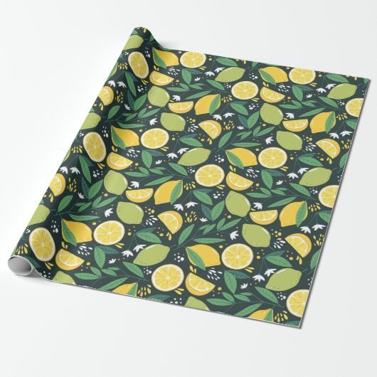 Lemon en Limes Vruchtpatroon in groen en geel Cadeaupapier (Uitgerold)