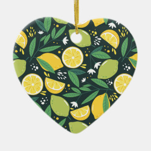 Lemon en Limes Vruchtpatroon in groen en geel Keramisch Ornament