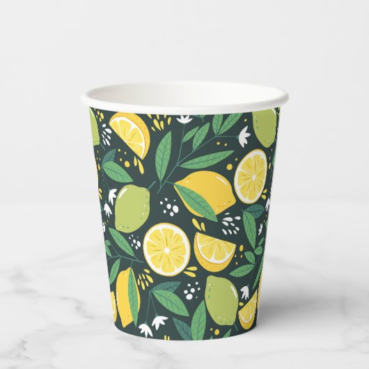 Lemon en Limes Vruchtpatroon in groen en geel Papieren Bekers (Achterkant)