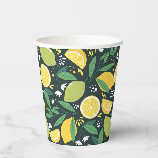 Lemon en Limes Vruchtpatroon in groen en geel Papieren Bekers (Voorkant)